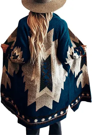 Jawint Women Vintage Tribal Knitted Cardigan Sweater Coat Western Casual Open Front Outwear with Pocket