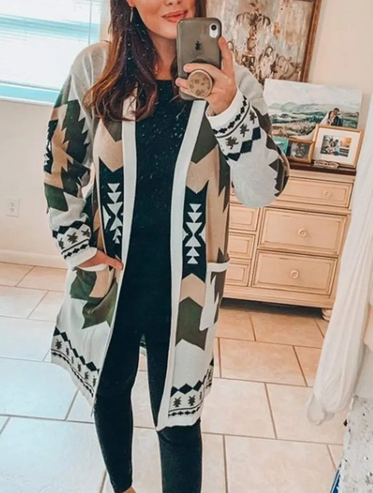 Jawint Women Vintage Tribal Knitted Cardigan Sweater Coat Western Casual Open Front Outwear with Pocket