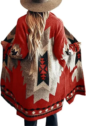 Jawint Women Vintage Tribal Knitted Cardigan Sweater Coat Western Casual Open Front Outwear with Pocket