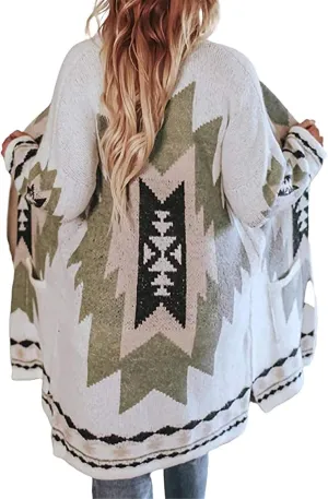 Jawint Women Vintage Tribal Knitted Cardigan Sweater Coat Western Casual Open Front Outwear with Pocket