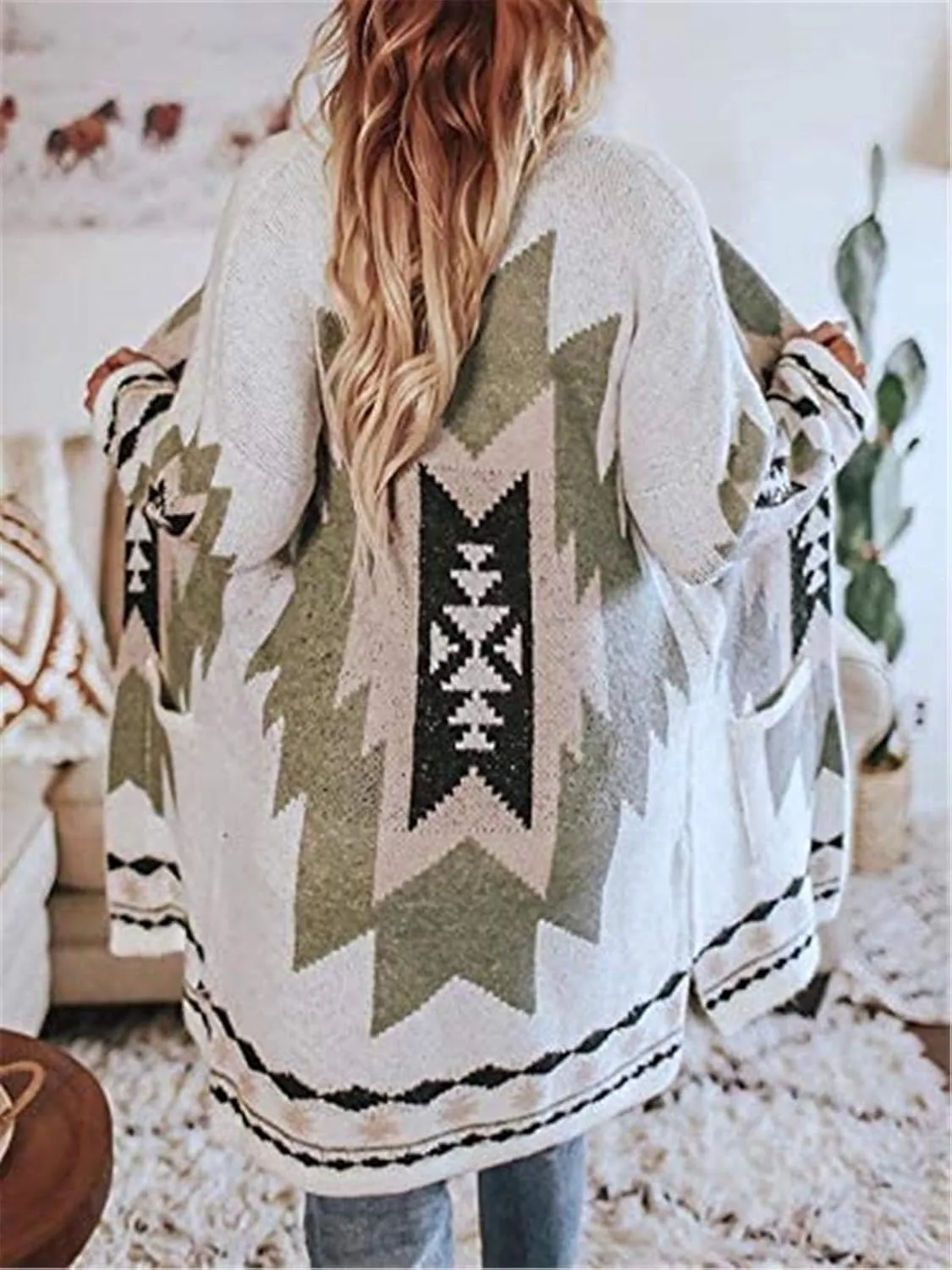 Jawint Women Vintage Tribal Knitted Cardigan Sweater Coat Western Casual Open Front Outwear with Pocket