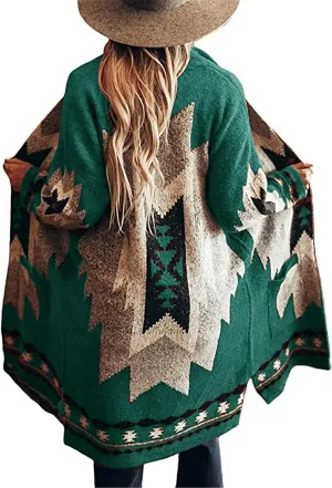 Jawint Women Vintage Tribal Knitted Cardigan Sweater Coat Western Casual Open Front Outwear with Pocket