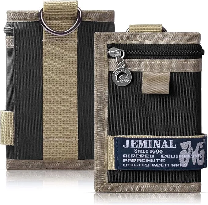 JEMINAL Trifold Wallet for Men Canvas Outdoor Sports Keychain Wallet with Multiple Card Slots and ID Window Black