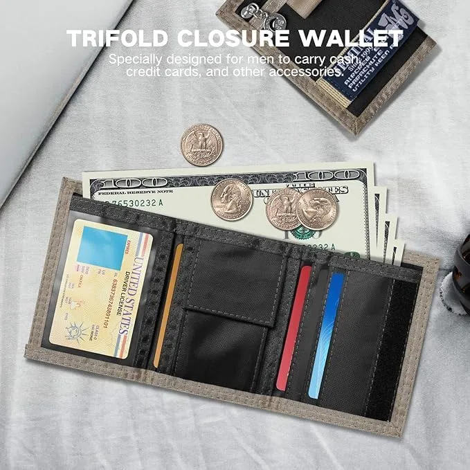 JEMINAL Trifold Wallet for Men Canvas Outdoor Sports Keychain Wallet with Multiple Card Slots and ID Window Black