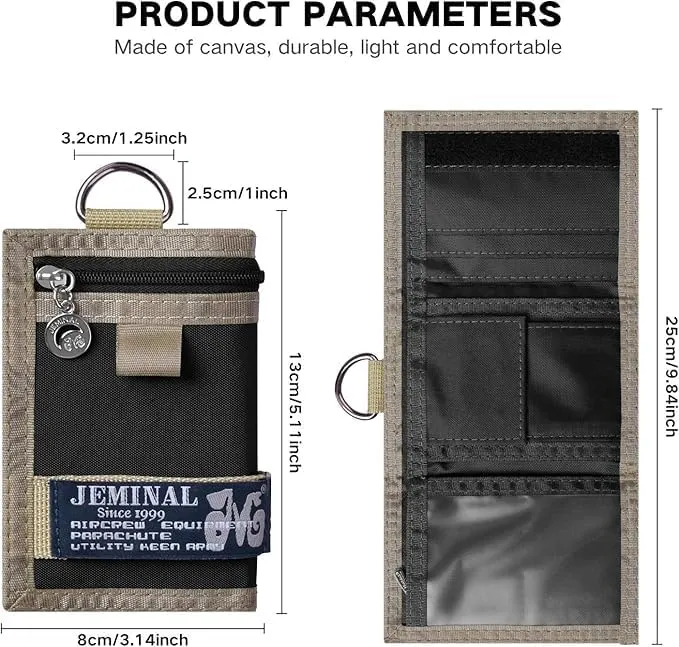 JEMINAL Trifold Wallet for Men Canvas Outdoor Sports Keychain Wallet with Multiple Card Slots and ID Window Black