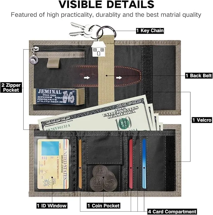 JEMINAL Trifold Wallet for Men Canvas Outdoor Sports Keychain Wallet with Multiple Card Slots and ID Window Black