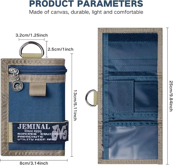JEMINAL Trifold Wallet for Men Canvas Outdoor Sports Keychain Wallet with Multiple Card Slots and ID Window Blue