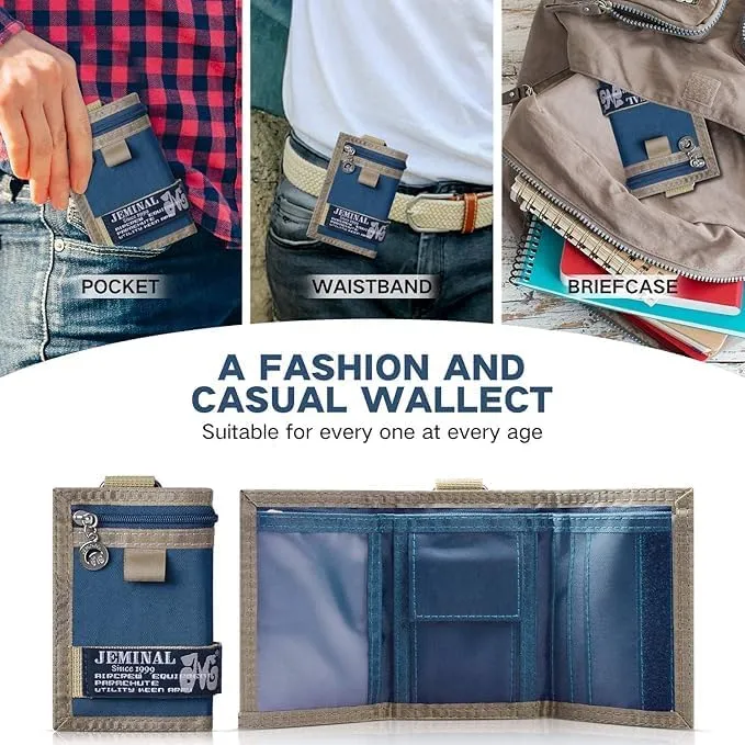 JEMINAL Trifold Wallet for Men Canvas Outdoor Sports Keychain Wallet with Multiple Card Slots and ID Window Blue
