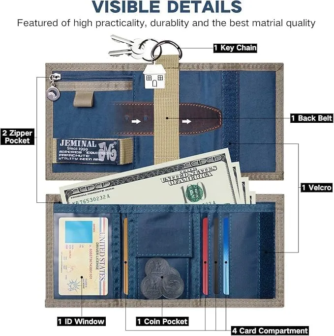 JEMINAL Trifold Wallet for Men Canvas Outdoor Sports Keychain Wallet with Multiple Card Slots and ID Window Blue