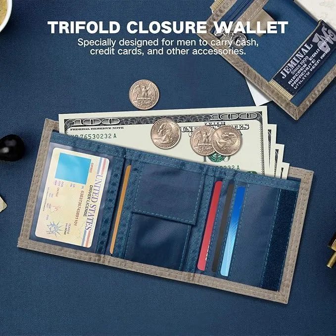JEMINAL Trifold Wallet for Men Canvas Outdoor Sports Keychain Wallet with Multiple Card Slots and ID Window Blue