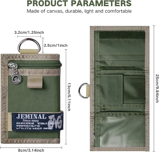 JEMINAL Trifold Wallet for Men Canvas Outdoor Sports Keychain Wallet with Multiple Card Slots and ID Window Green