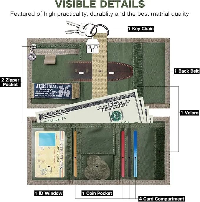 JEMINAL Trifold Wallet for Men Canvas Outdoor Sports Keychain Wallet with Multiple Card Slots and ID Window Green