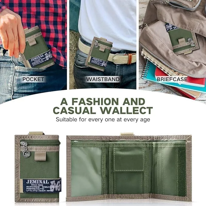 JEMINAL Trifold Wallet for Men Canvas Outdoor Sports Keychain Wallet with Multiple Card Slots and ID Window Green