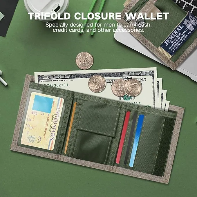 JEMINAL Trifold Wallet for Men Canvas Outdoor Sports Keychain Wallet with Multiple Card Slots and ID Window Green