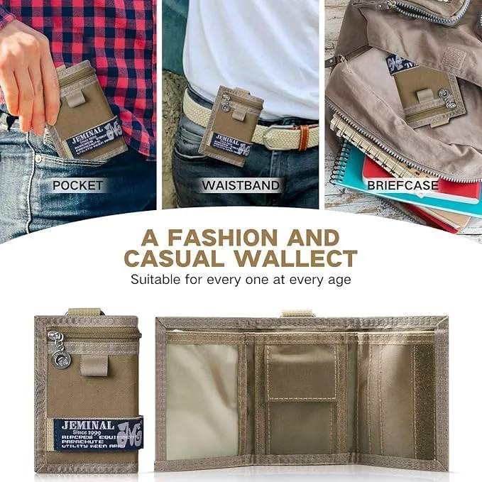 JEMINAL Trifold Wallet for Men Canvas Outdoor Sports Keychain Wallet with Multiple Card Slots and ID Window Khaki