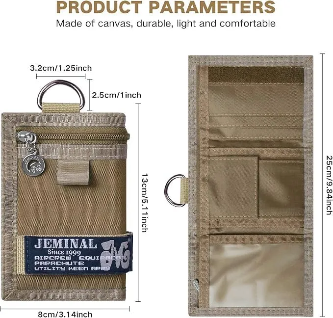 JEMINAL Trifold Wallet for Men Canvas Outdoor Sports Keychain Wallet with Multiple Card Slots and ID Window Khaki