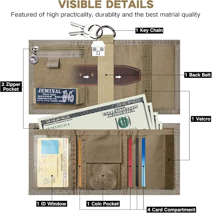 JEMINAL Trifold Wallet for Men Canvas Outdoor Sports Keychain Wallet with Multiple Card Slots and ID Window Khaki