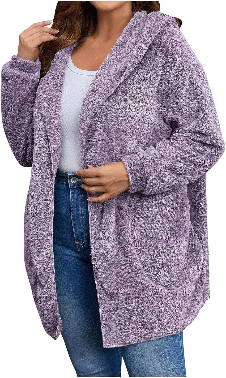 jovati Womens Winter Long Sleeve Solid Fuzzy Fleece Open Front Hooded Cardigans Jacket Coats Outerwear with Pocket 2024