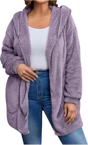 jovati Womens Winter Long Sleeve Solid Fuzzy Fleece Open Front Hooded Cardigans Jacket Coats Outerwear with Pocket 2024