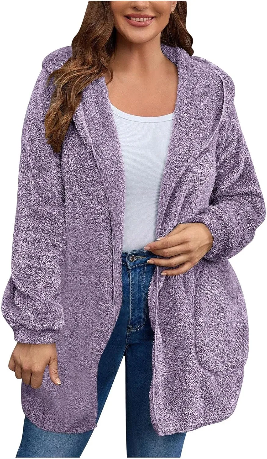 jovati Womens Winter Long Sleeve Solid Fuzzy Fleece Open Front Hooded Cardigans Jacket Coats Outerwear with Pocket 2024