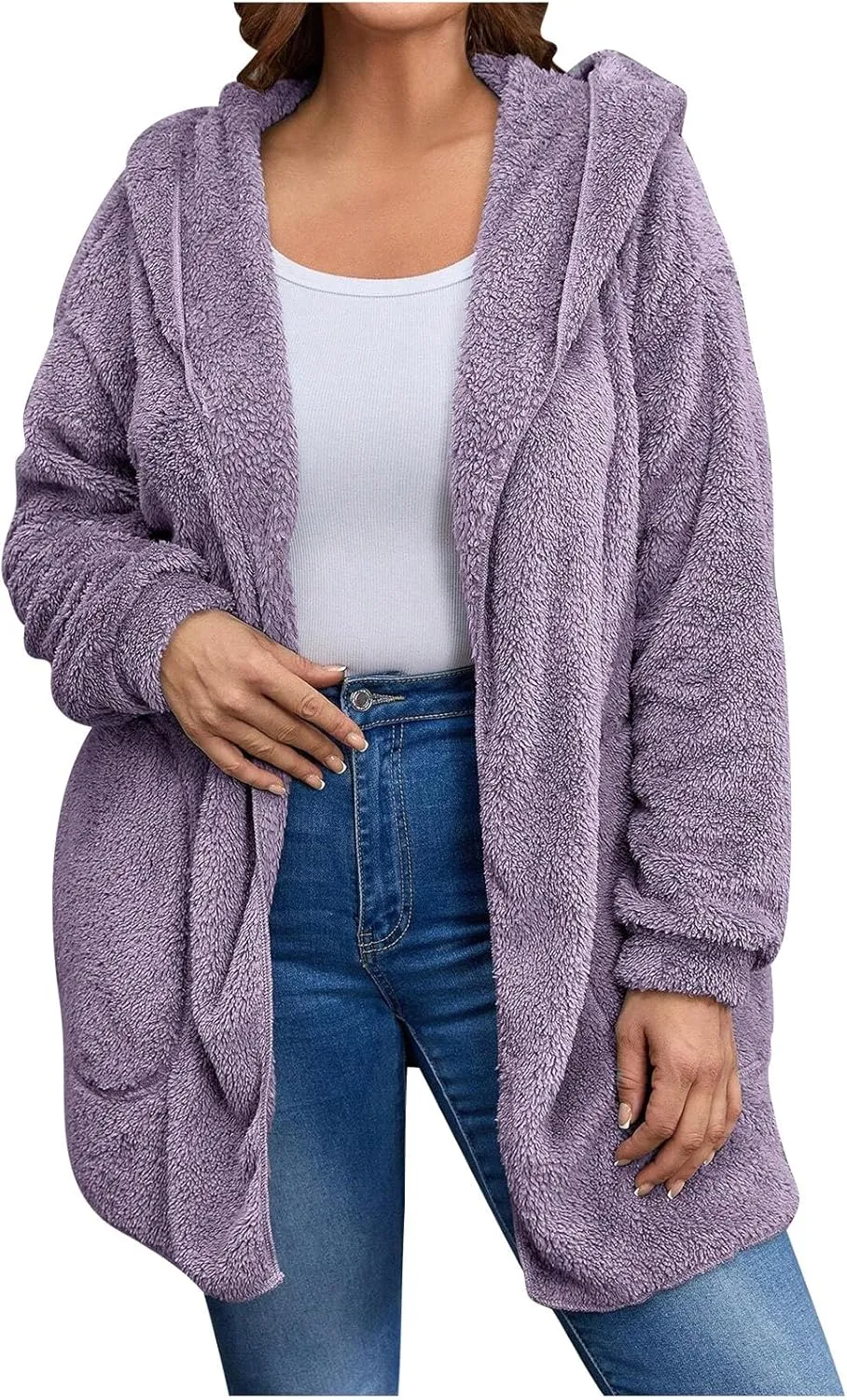 jovati Womens Winter Long Sleeve Solid Fuzzy Fleece Open Front Hooded Cardigans Jacket Coats Outerwear with Pocket 2024
