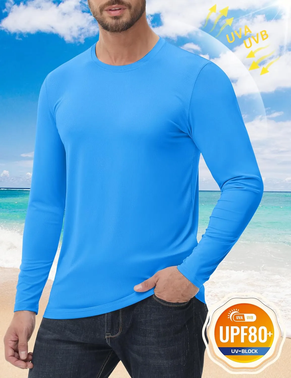 KEFITEVD Men's UPF 80  Sun Shirts Long Sleeve UV SPF Shirts Quick Dry Lightweight Rash Guard Polyester Swim T-Shirt