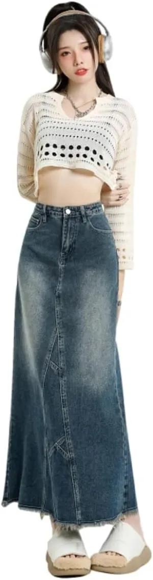 Korean Retro Denim Skirt Women's High Waist Back Split Fishtail Long Skirt Women's Casual Half Skirt Gothic Denim Skirt