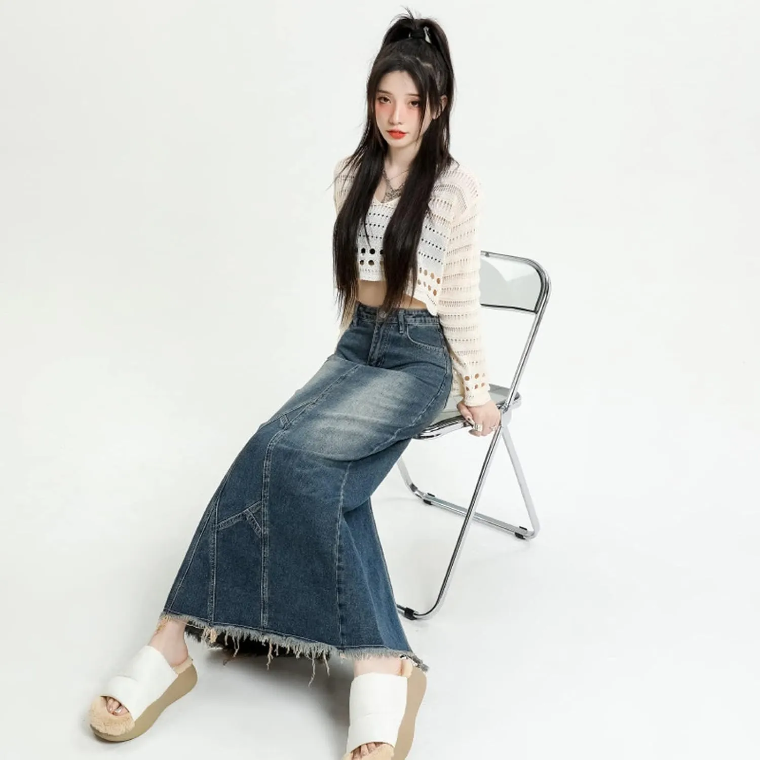 Korean Retro Denim Skirt Women's High Waist Back Split Fishtail Long Skirt Women's Casual Half Skirt Gothic Denim Skirt