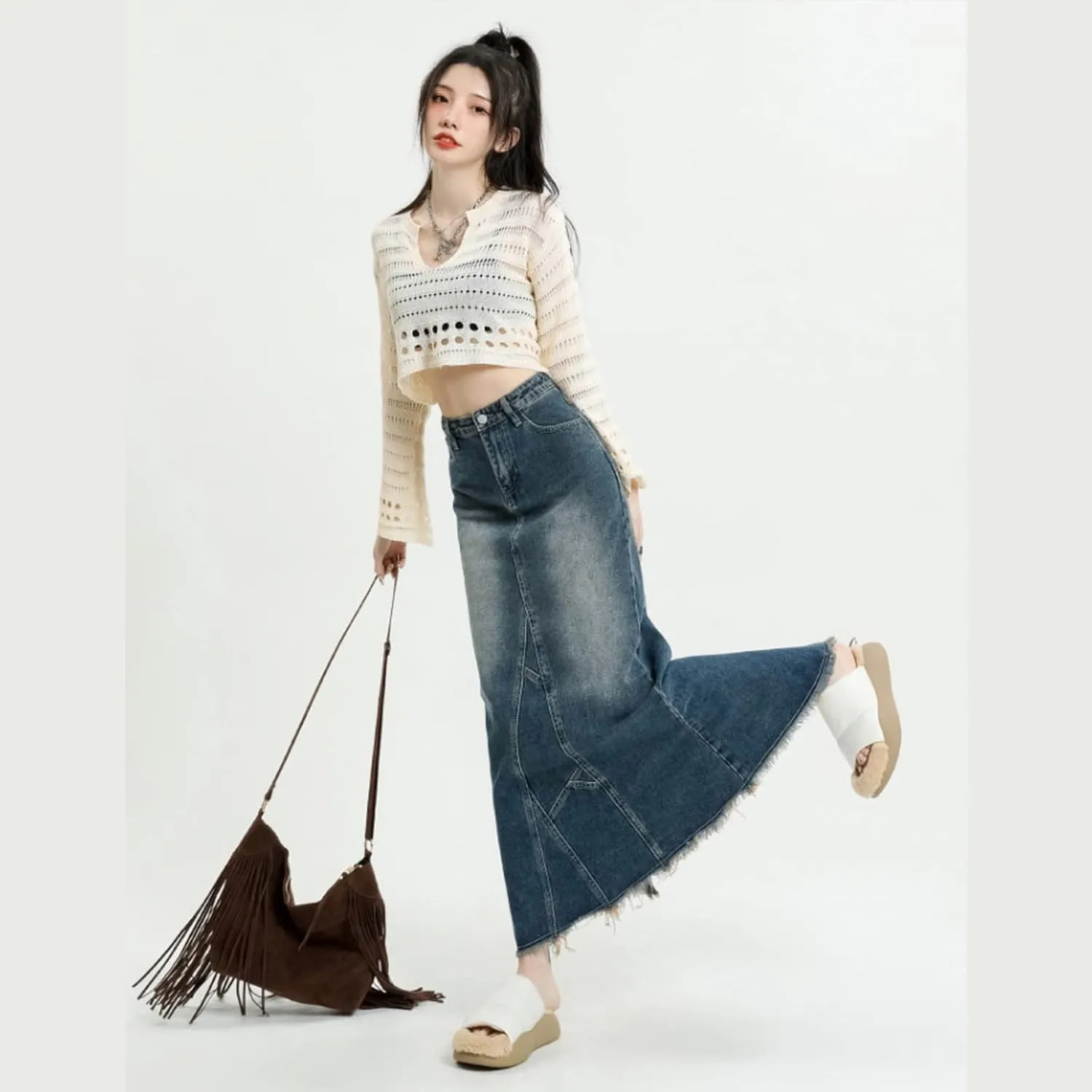 Korean Retro Denim Skirt Women's High Waist Back Split Fishtail Long Skirt Women's Casual Half Skirt Gothic Denim Skirt