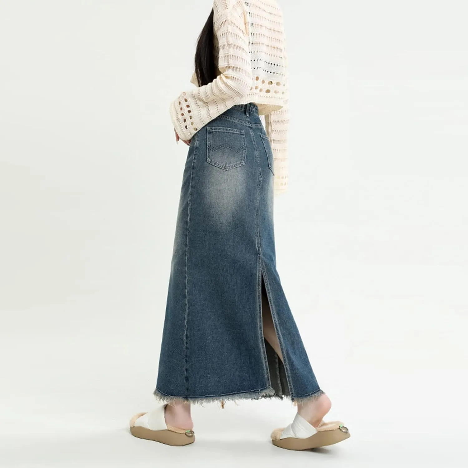Korean Retro Denim Skirt Women's High Waist Back Split Fishtail Long Skirt Women's Casual Half Skirt Gothic Denim Skirt