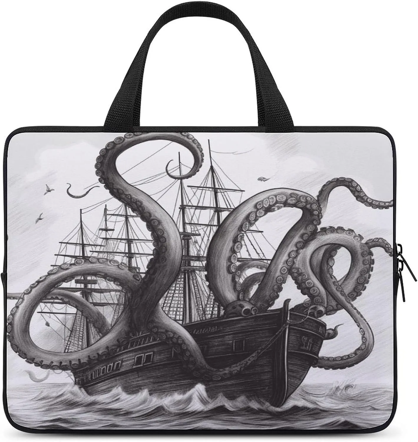 Laptop Bag Ultrathin Black And White Octopus And Ship Printing Laptop Carrying Case Portability Messenger Bags For Work Travel