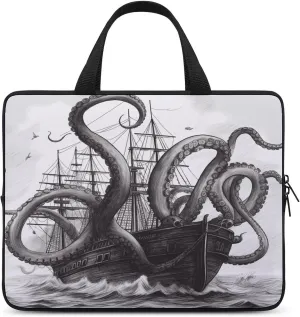 Laptop Bag Ultrathin Black And White Octopus And Ship Printing Laptop Carrying Case Portability Messenger Bags For Work Travel