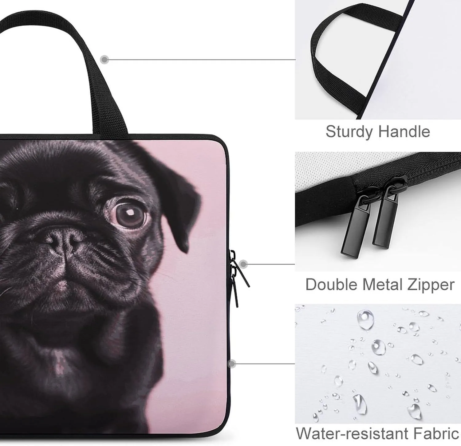 Laptop Bag Ultrathin Cute Black Pug Printing Laptop Carrying Case Portability Messenger Bags For Work Travel