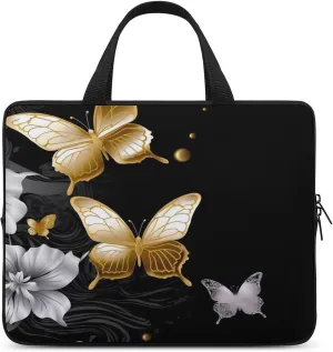 Laptop Bag Ultrathin Gold White Butterflies Black Printing Laptop Carrying Case Portability Messenger Bags For Work Travel
