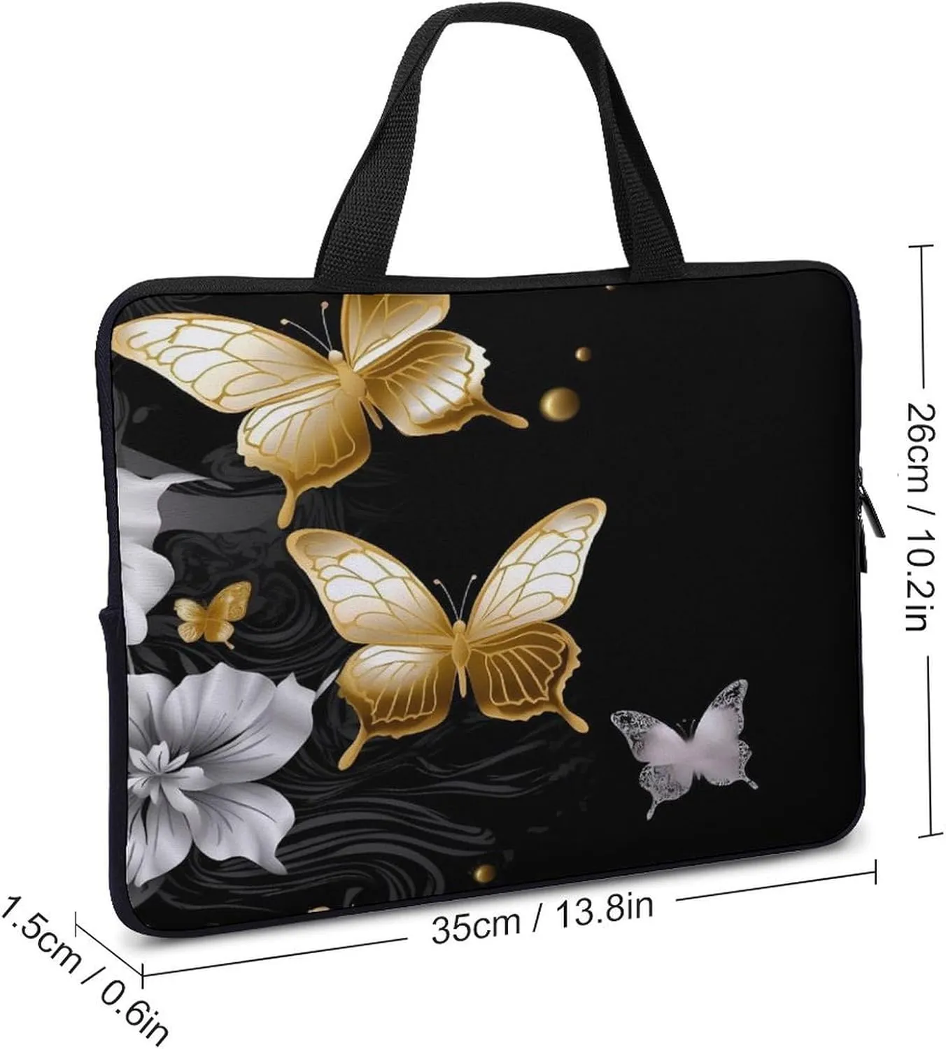 Laptop Bag Ultrathin Gold White Butterflies Black Printing Laptop Carrying Case Portability Messenger Bags For Work Travel