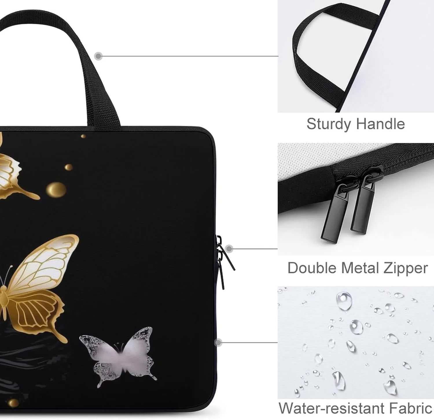 Laptop Bag Ultrathin Gold White Butterflies Black Printing Laptop Carrying Case Portability Messenger Bags For Work Travel