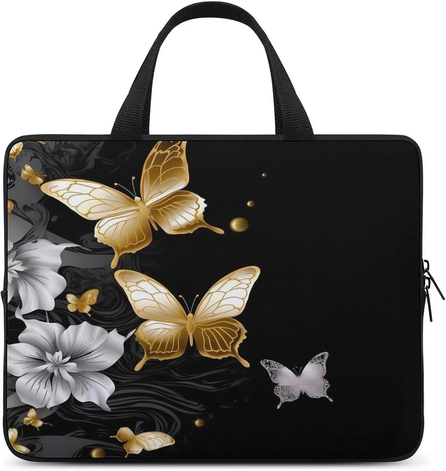 Laptop Bag Ultrathin Gold White Butterflies Black Printing Laptop Carrying Case Portability Messenger Bags For Work Travel