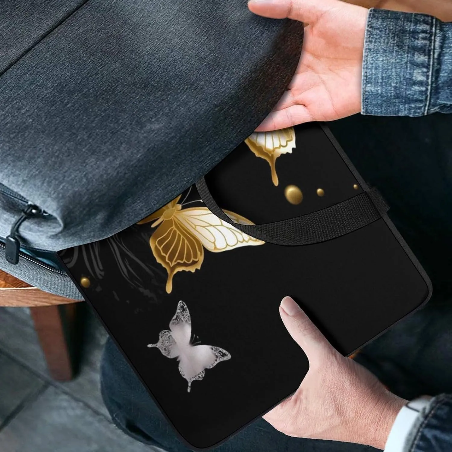 Laptop Bag Ultrathin Gold White Butterflies Black Printing Laptop Carrying Case Portability Messenger Bags For Work Travel