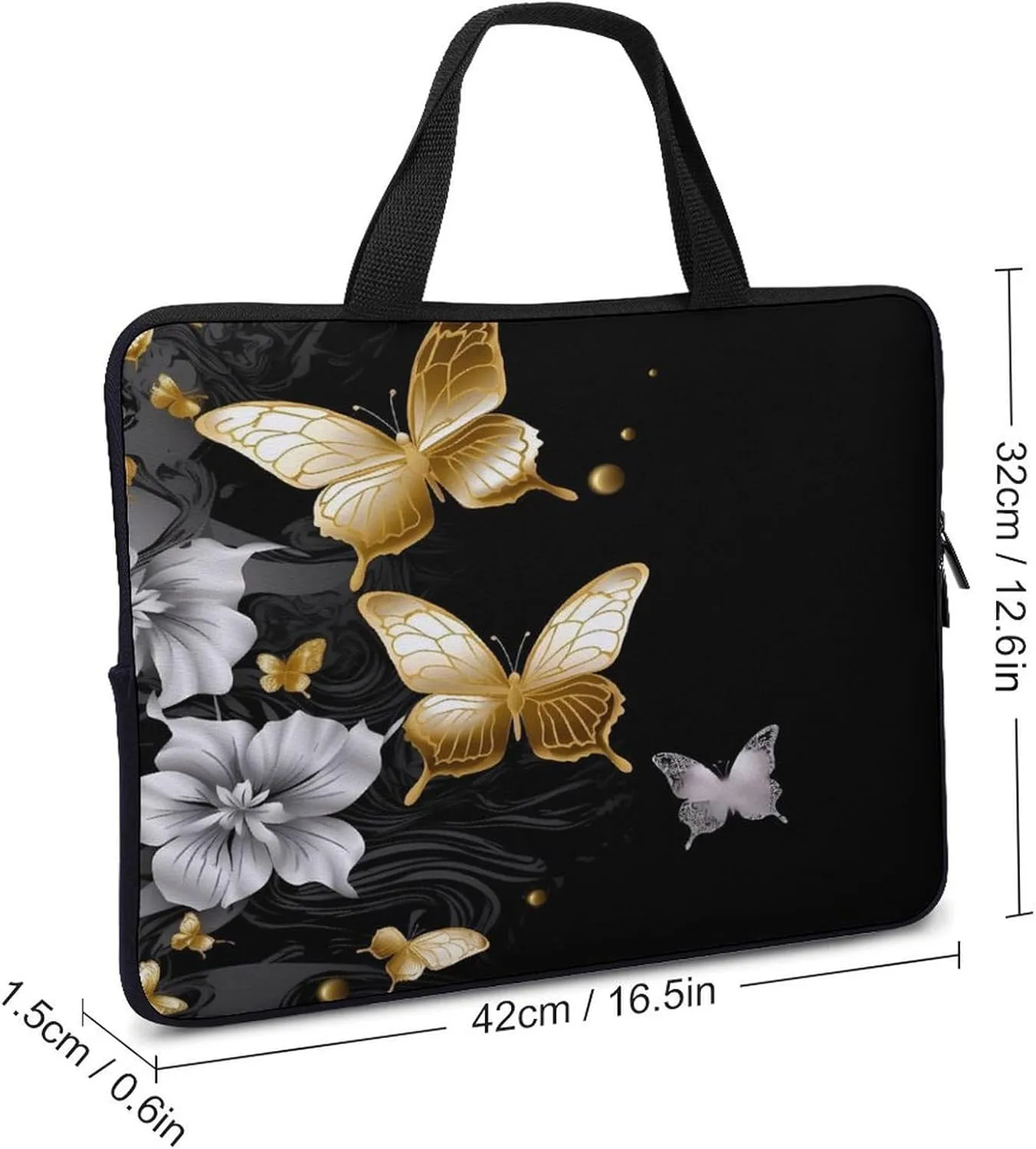 Laptop Bag Ultrathin Gold White Butterflies Black Printing Laptop Carrying Case Portability Messenger Bags For Work Travel