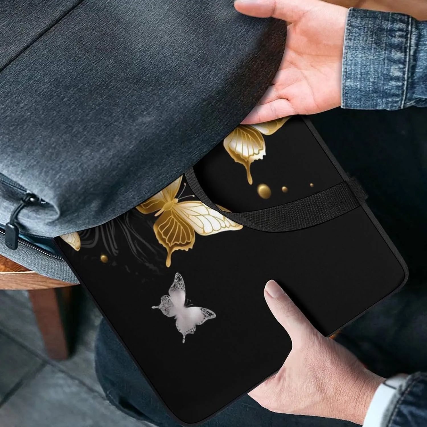 Laptop Bag Ultrathin Gold White Butterflies Black Printing Laptop Carrying Case Portability Messenger Bags For Work Travel