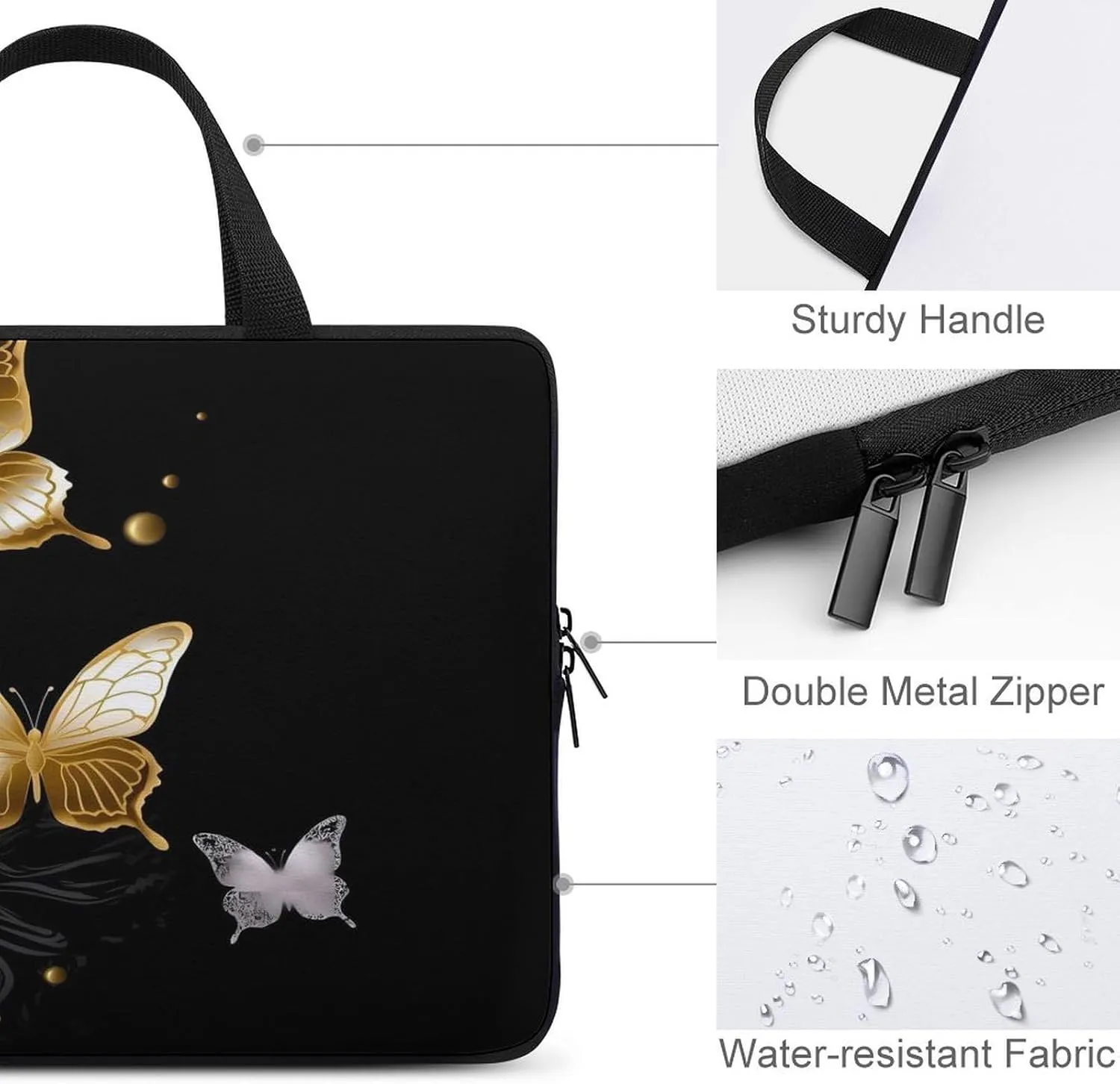 Laptop Bag Ultrathin Gold White Butterflies Black Printing Laptop Carrying Case Portability Messenger Bags For Work Travel