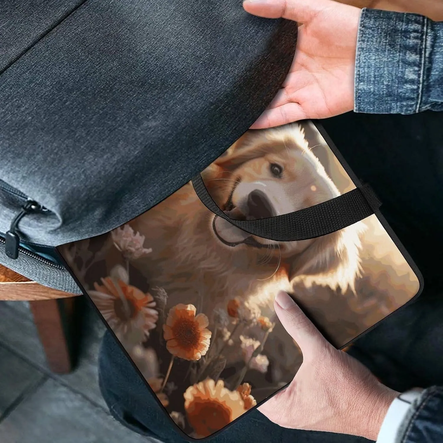 Laptop Bag Ultrathin Golden Retriever And Flowers Printing Laptop Carrying Case Portability Messenger Bags For Work Travel