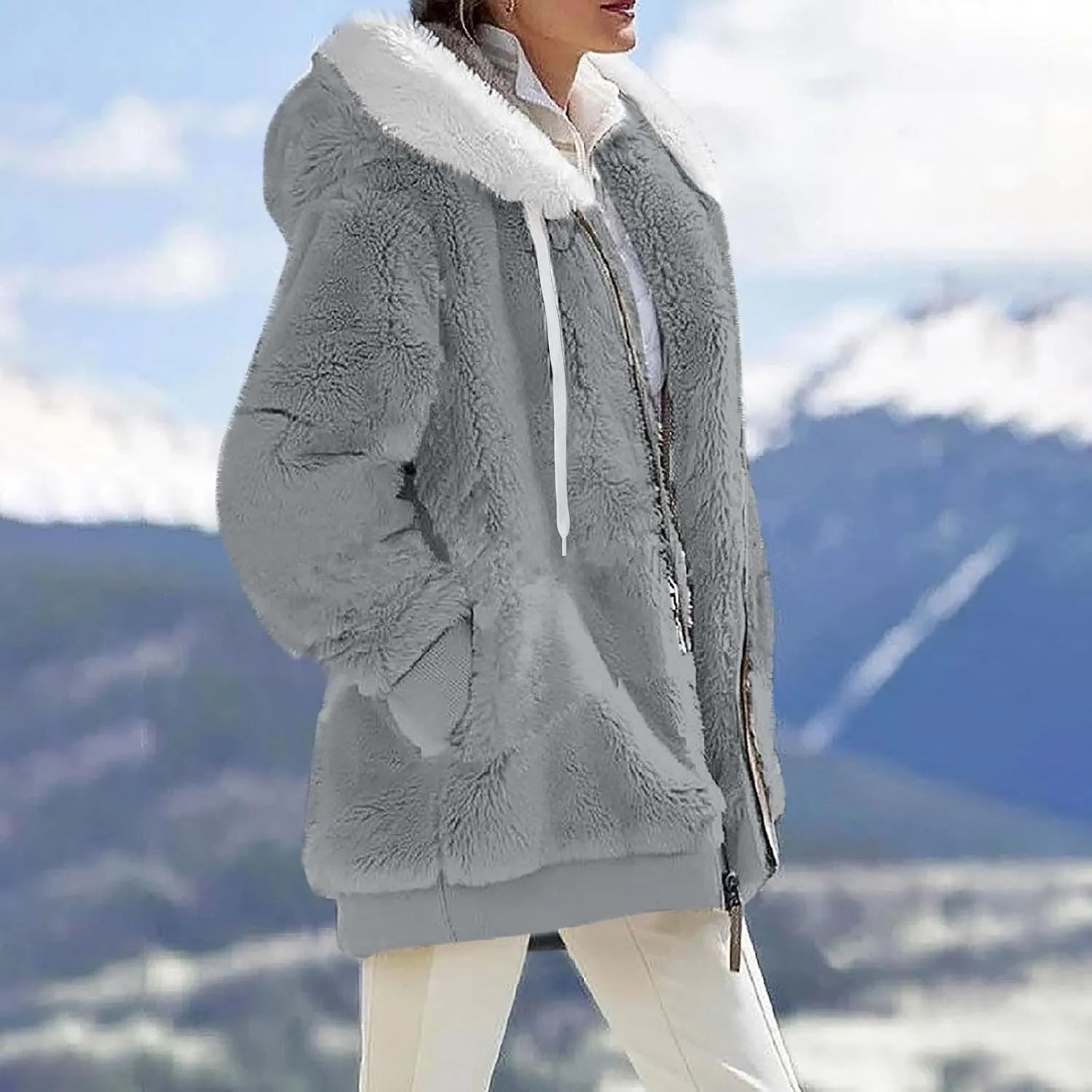 lcyhony Winter Coats for Women Sherpa Fleece Warm Comfy Zip Up Jackets Plus Size Faux Fur Hooded Outerwear with Pockets