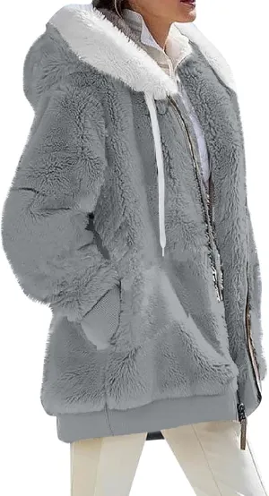 lcyhony Winter Coats for Women Sherpa Fleece Warm Comfy Zip Up Jackets Plus Size Faux Fur Hooded Outerwear with Pockets