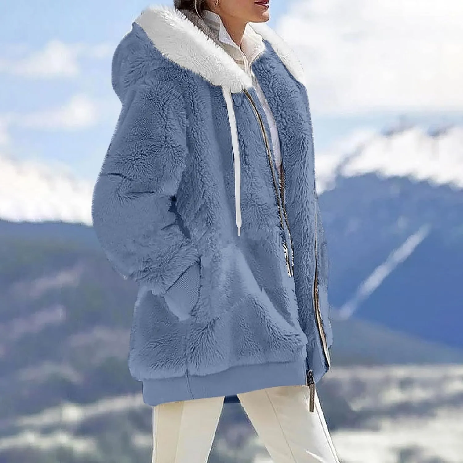 lcyhony Winter Coats for Women Sherpa Fleece Warm Comfy Zip Up Jackets Plus Size Faux Fur Hooded Outerwear with Pockets