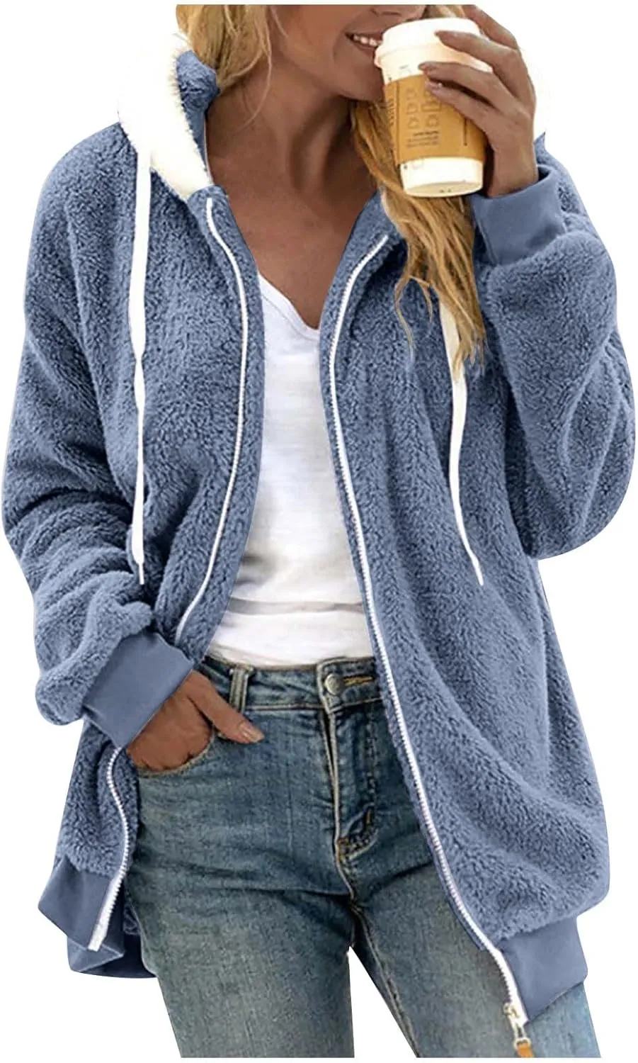 lcyhony Winter Coats for Women Sherpa Fleece Warm Comfy Zip Up Jackets Plus Size Faux Fur Hooded Outerwear with Pockets
