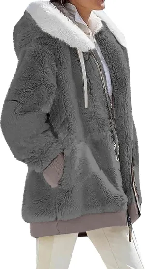 lcyhony Winter Coats for Women Sherpa Fleece Warm Comfy Zip Up Jackets Plus Size Faux Fur Hooded Outerwear with Pockets