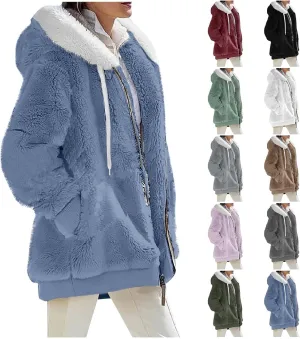 lcyhony Winter Coats for Women Sherpa Fleece Warm Comfy Zip Up Jackets Plus Size Faux Fur Hooded Outerwear with Pockets