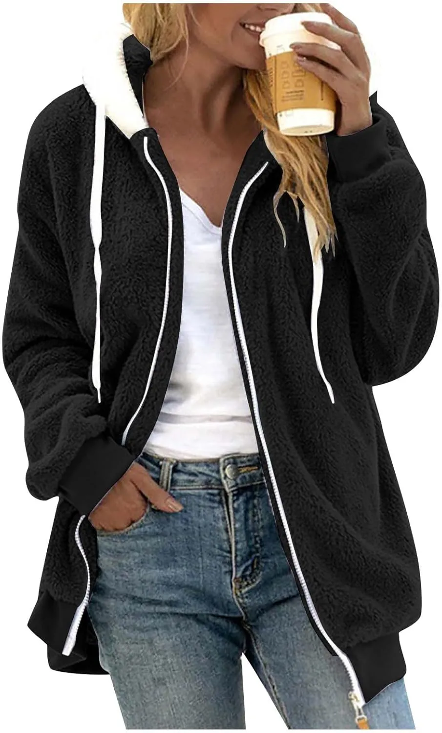 lcyhony Winter Coats for Women Sherpa Fleece Warm Comfy Zip Up Jackets Plus Size Faux Fur Hooded Outerwear with Pockets