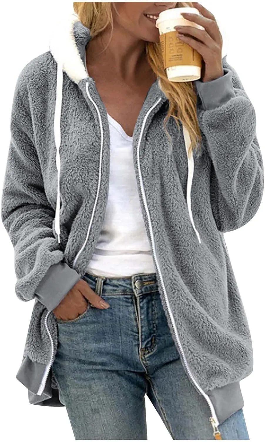 lcyhony Winter Coats for Women Sherpa Fleece Warm Comfy Zip Up Jackets Plus Size Faux Fur Hooded Outerwear with Pockets